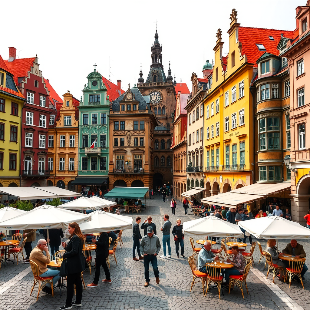 Colorful baroque buildings in Prague Old Town Square with astronomical clock tower, outdoor cafe tables, cobblestone streets, and tourists admiring architecture