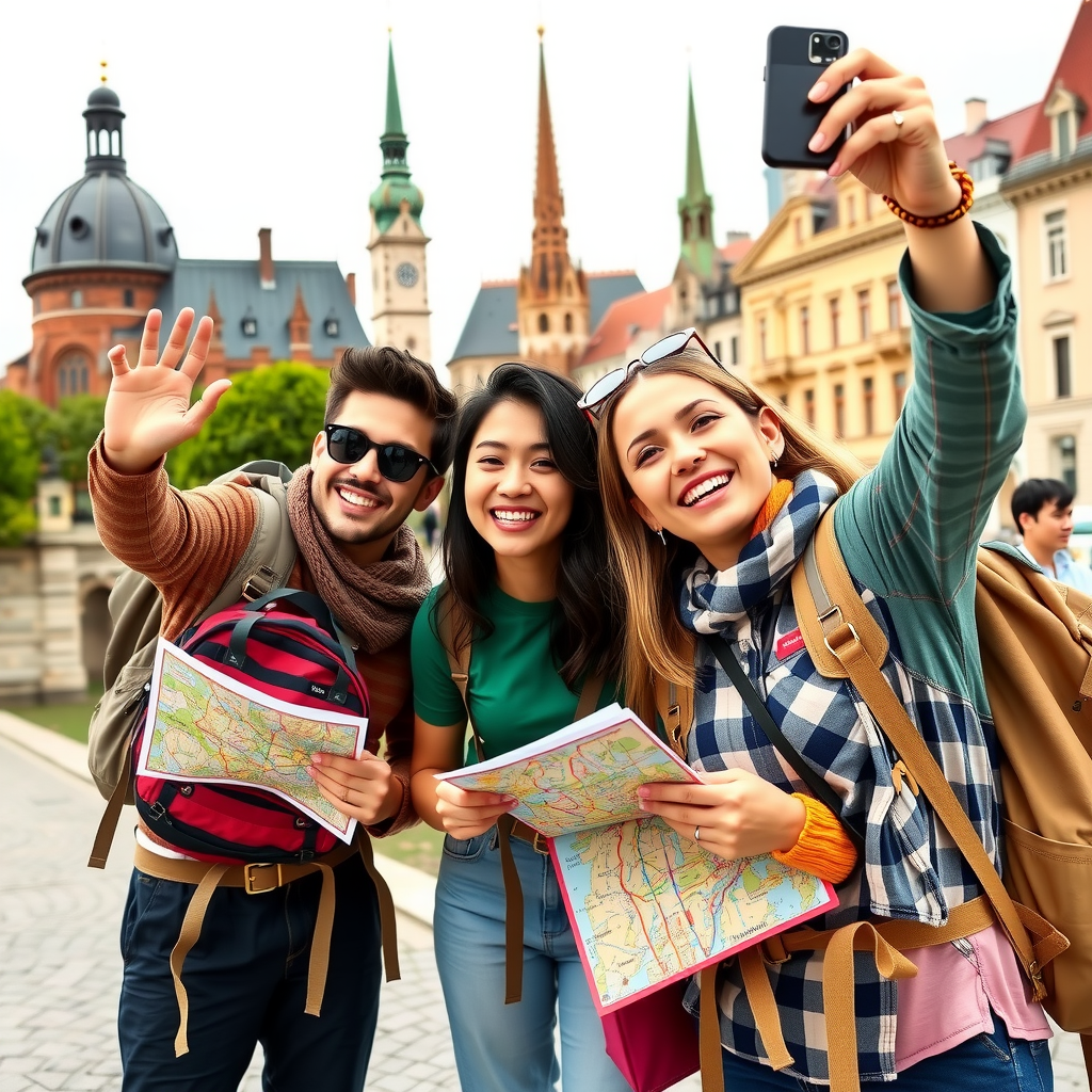 Happy travelers with backpacks taking selfie in front of European landmarks, showing excitement and joy, with map and camera visible, representing budget-friendly adventure travel