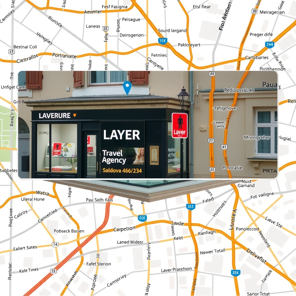 Map showing Layer Travel Agency office location at Šaldova 466/34, Karlín, 186 00, Prague, Czechia with surrounding streets and landmarks