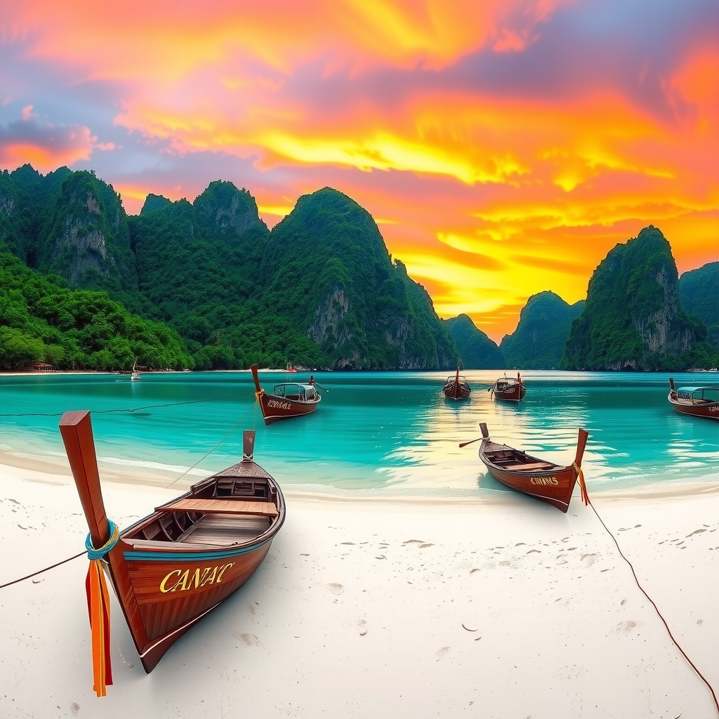 Stunning panoramic view of a secluded tropical beach in Southeast Asia with turquoise waters, white sand, traditional wooden boats, and lush green mountains in the background under a vibrant sunset sky