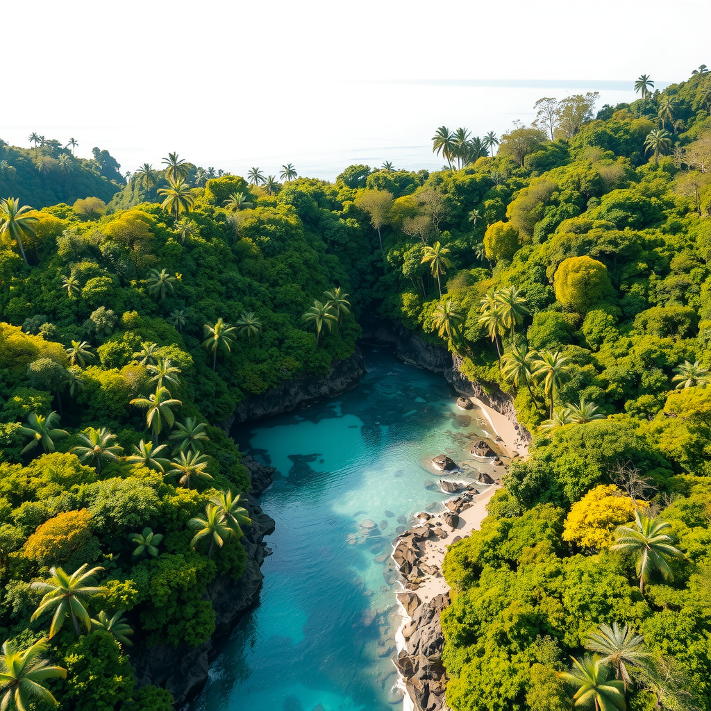 Aerial view of lush green forest meeting pristine turquoise ocean waters, showcasing untouched natural landscape perfect for eco-conscious travelers, with sustainable tourism destination in background