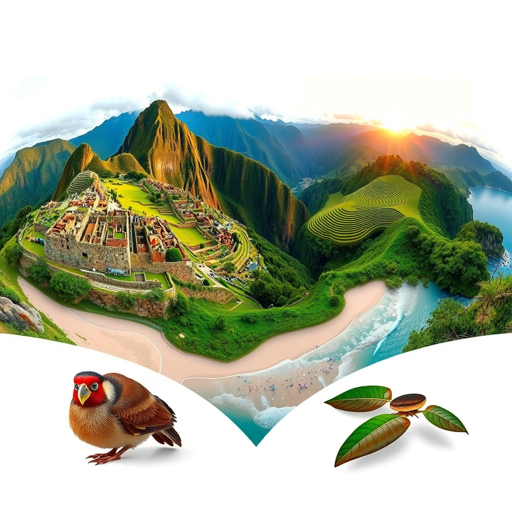 Panoramic view of South America's diverse landscapes including Machu Picchu ruins, Patagonian mountains, Amazon rainforest canopy, Rio de Janeiro beaches, and Galápagos Islands wildlife in a stunning collage showcasing the continent's natural beauty and cultural heritage