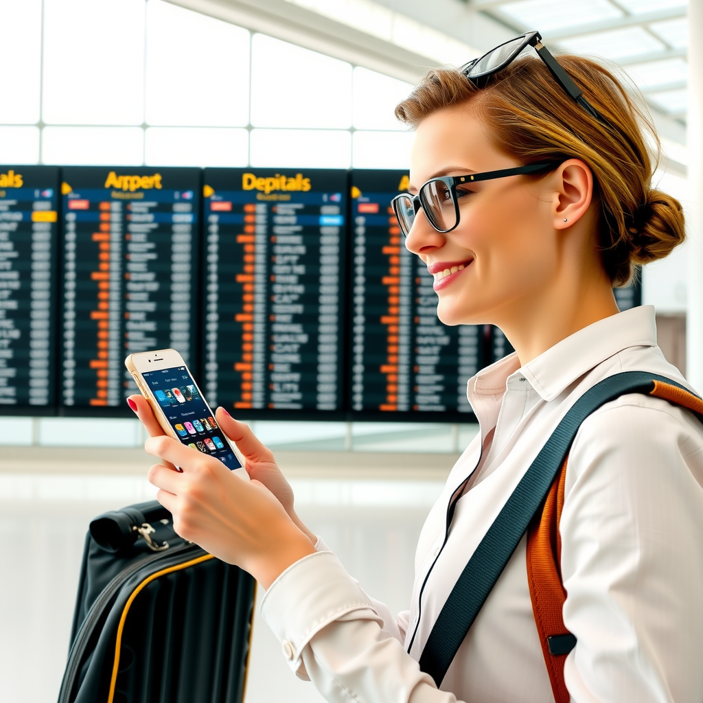 Modern traveler using smartphone with various travel apps displayed on screen, standing at an airport terminal with departure boards in background, bright and contemporary setting
