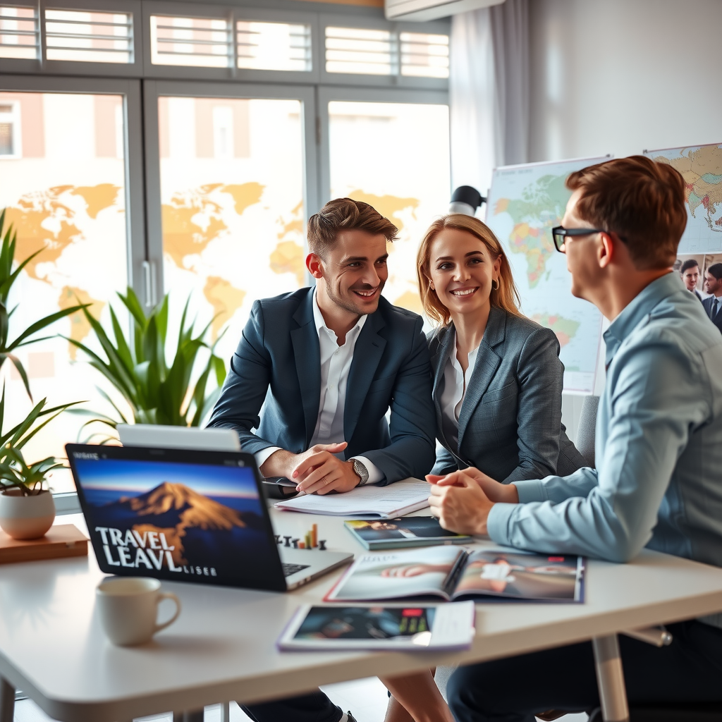 Professional travel consultant working with a client at a modern desk with world maps, travel brochures, and a laptop displaying destination photos, bright office environment with plants