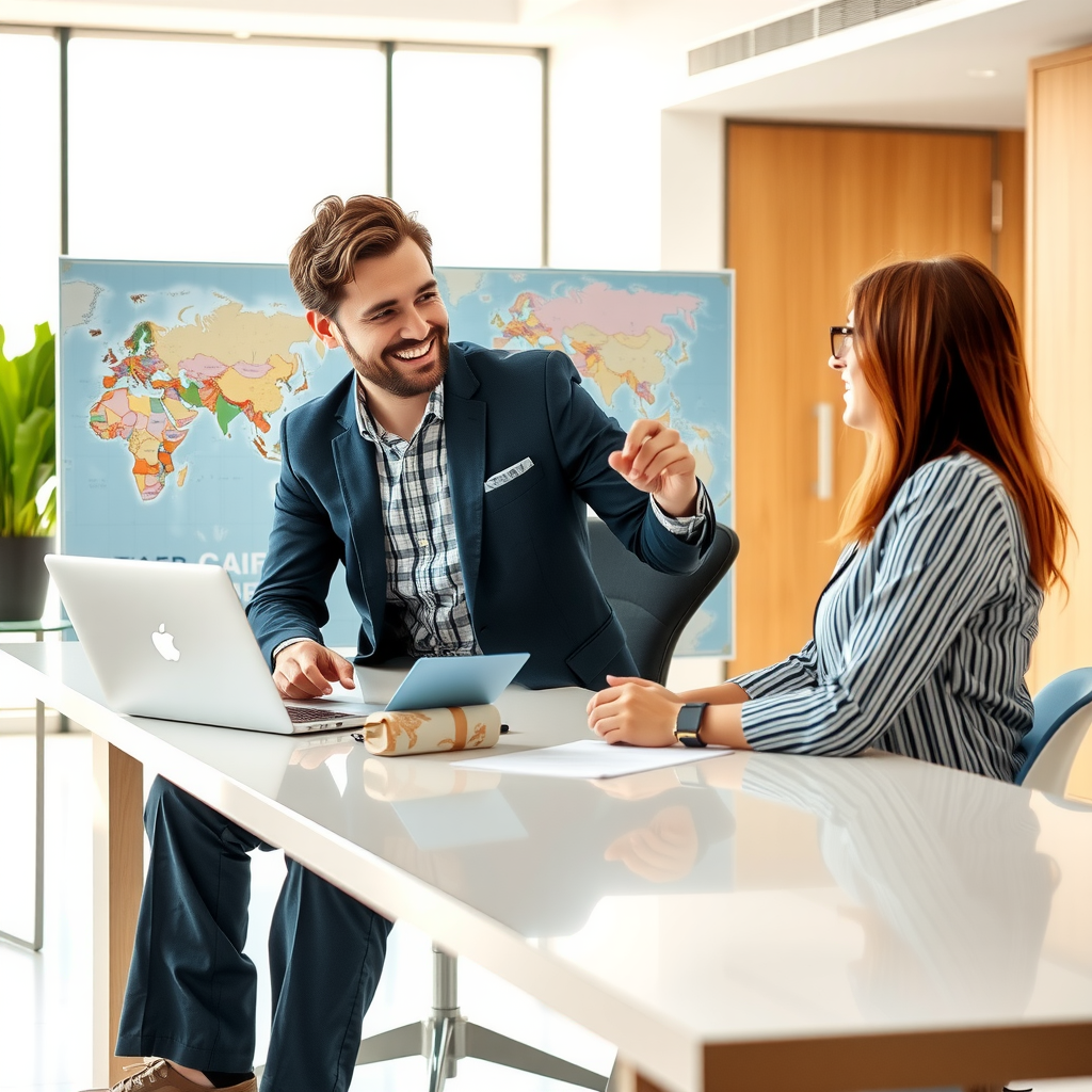 Professional travel consultant sitting at modern desk with laptop and world map, discussing personalized itinerary with smiling client in bright, contemporary office space