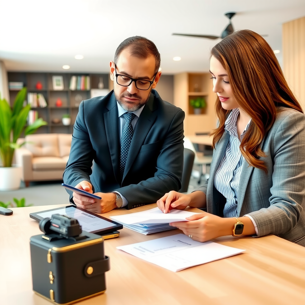 Professional travel consultant reviewing visa documents with client at modern office desk, showing passport and application forms with digital tablet displaying country requirements
