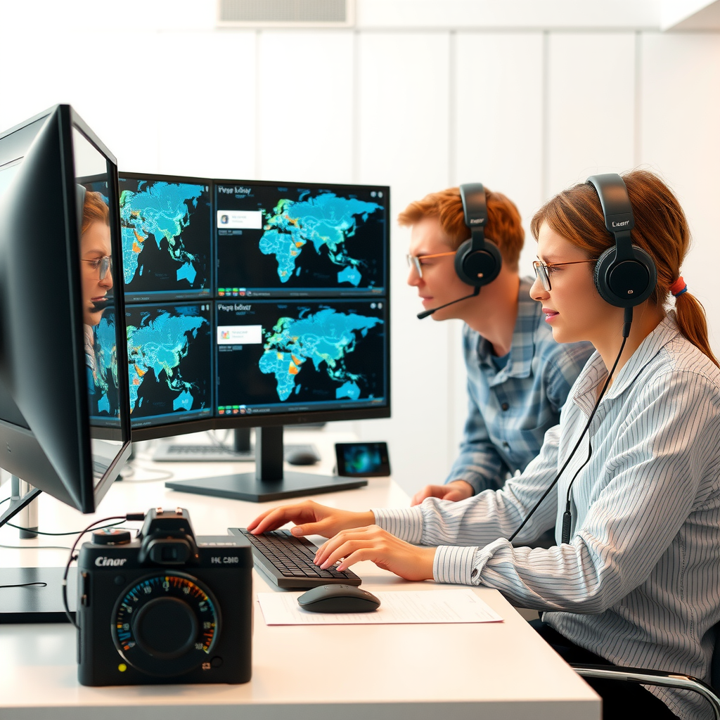 Professional travel support team working at modern desk with multiple monitors, headsets, and digital communication tools, providing assistance to travelers worldwide