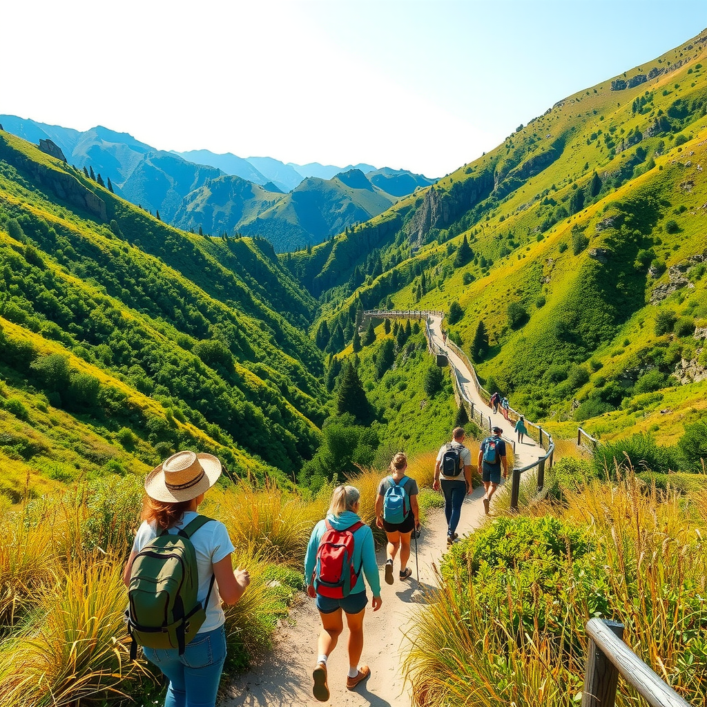 Pristine natural landscape with eco-friendly travelers hiking through lush green mountains, clear blue sky, and sustainable tourism practices visible in the background