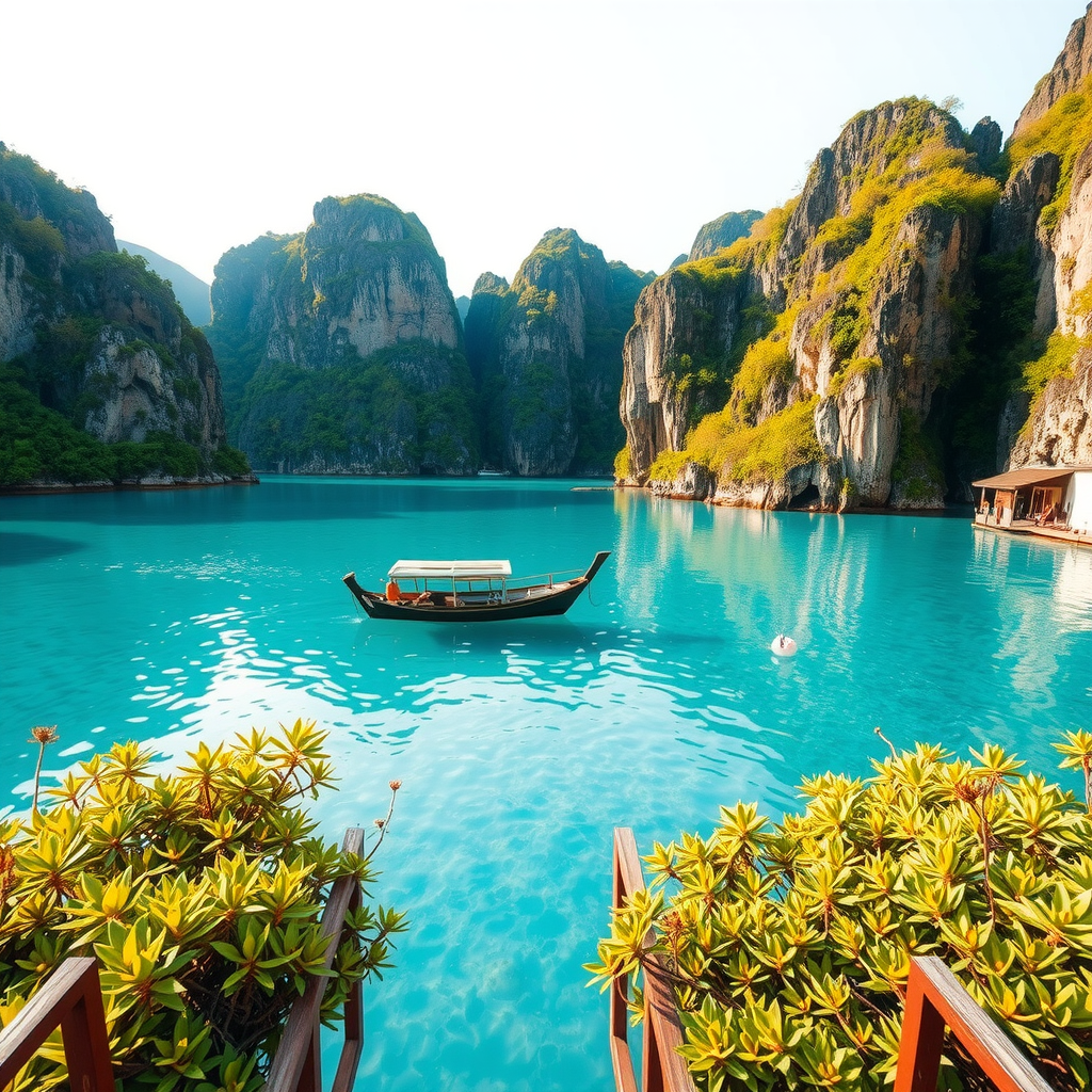 Crystal clear turquoise lagoon surrounded by limestone cliffs and tropical vegetation in Siargao, Philippines, with a small traditional Filipino boat floating peacefully in the center
