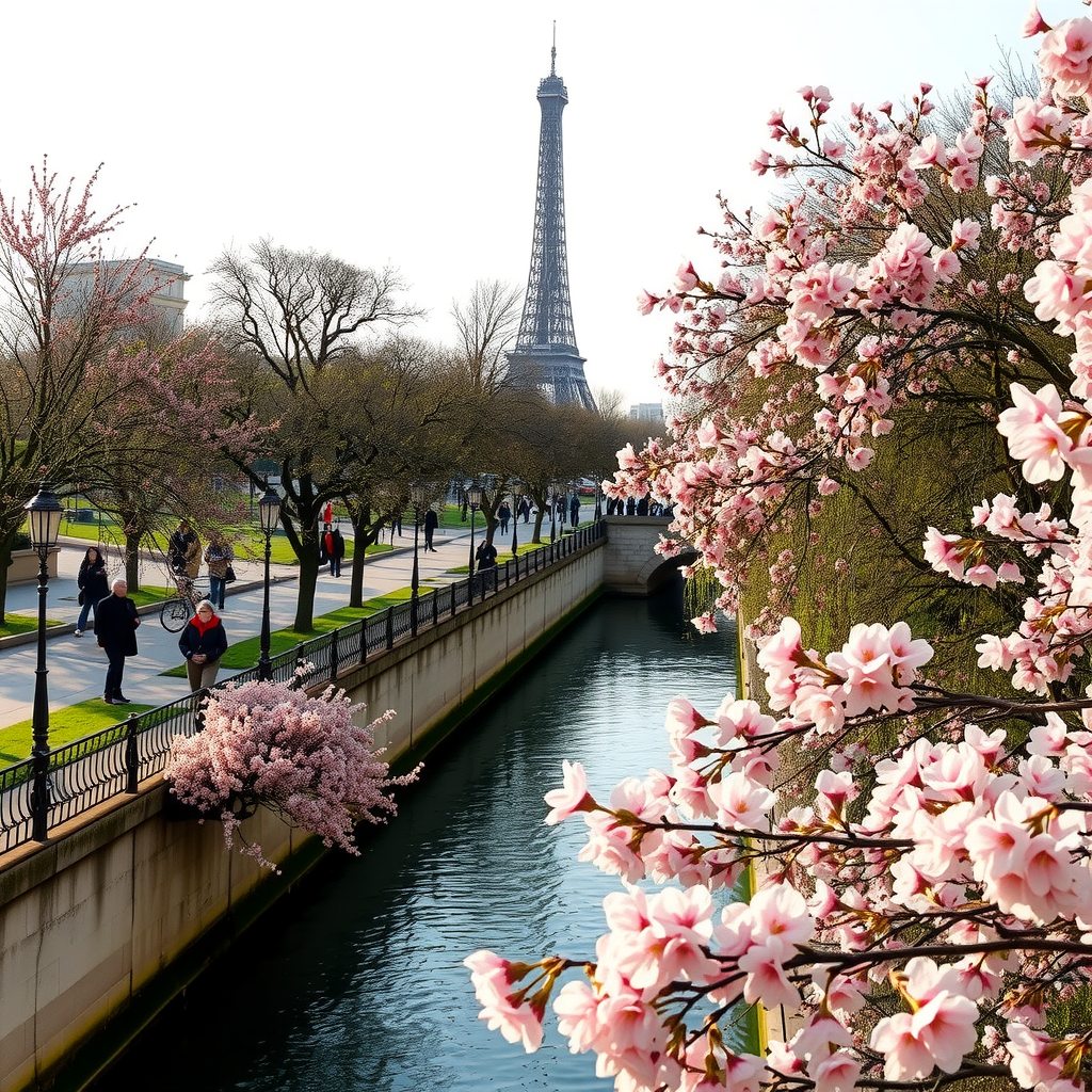 Beautiful spring scene in Paris with cherry blossoms along the Seine River, Eiffel Tower visible in background, people strolling along tree-lined paths