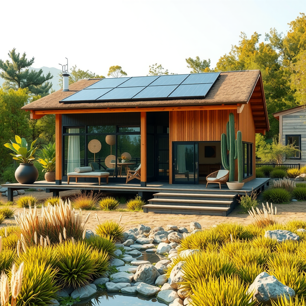 Modern eco-friendly lodge built with sustainable materials, featuring solar panels on roof, surrounded by native vegetation and natural landscape, showcasing green architecture and environmental design