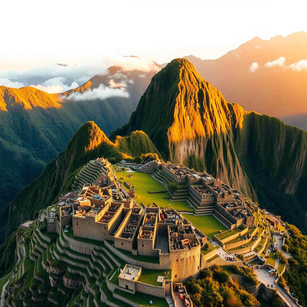 Majestic aerial view of Machu Picchu ancient Incan citadel perched on mountain ridge with dramatic Andean peaks in background, morning mist rolling through valleys, terraced stone structures illuminated by golden sunrise light