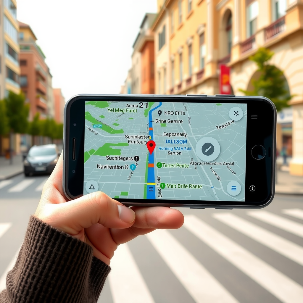 Close-up of smartphone displaying detailed city navigation map with route highlighted, GPS location marker visible, held by traveler's hand with city street in background