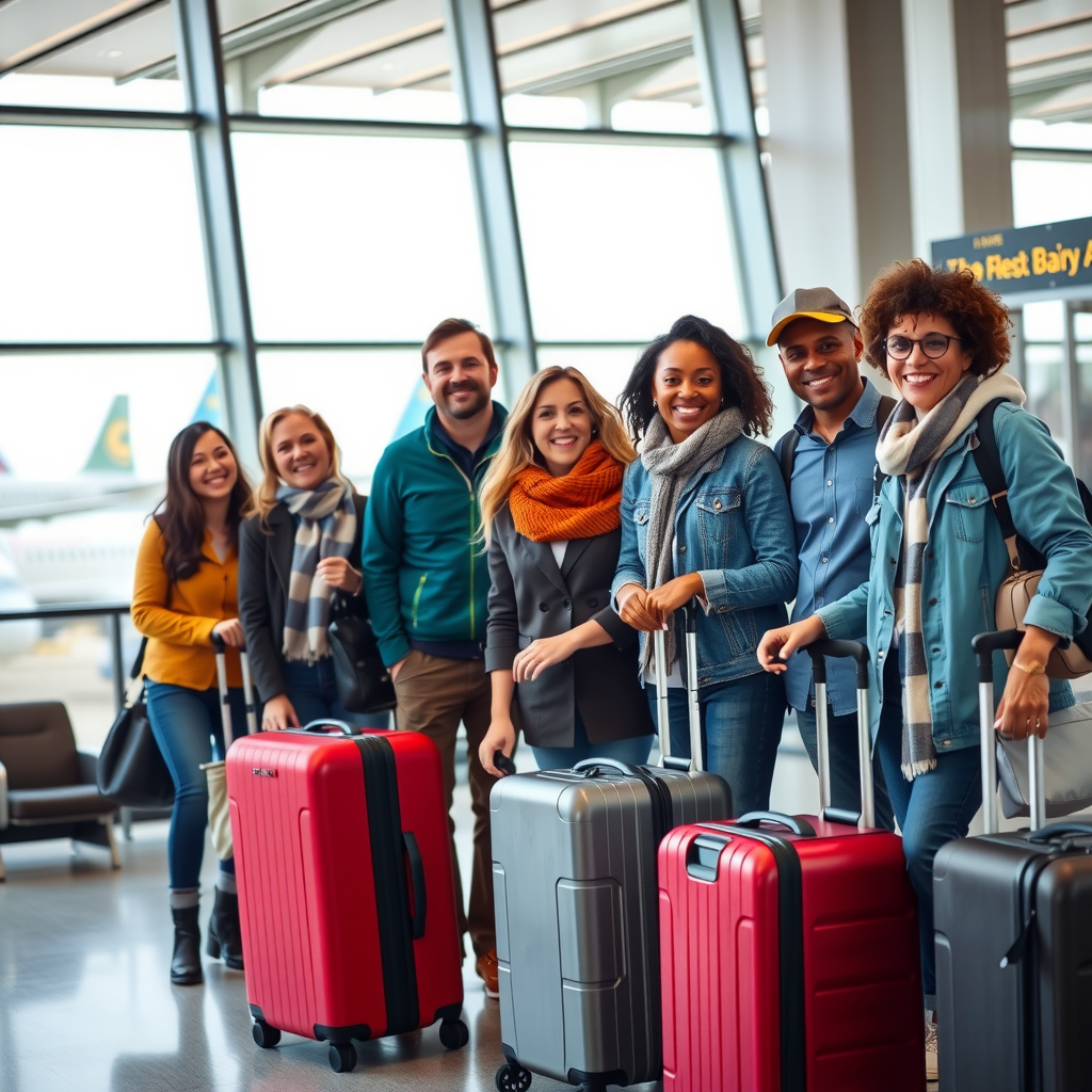 Diverse group of happy travelers standing together at an airport terminal with luggage, smiling and excited, modern airport setting with large windows showing airplanes