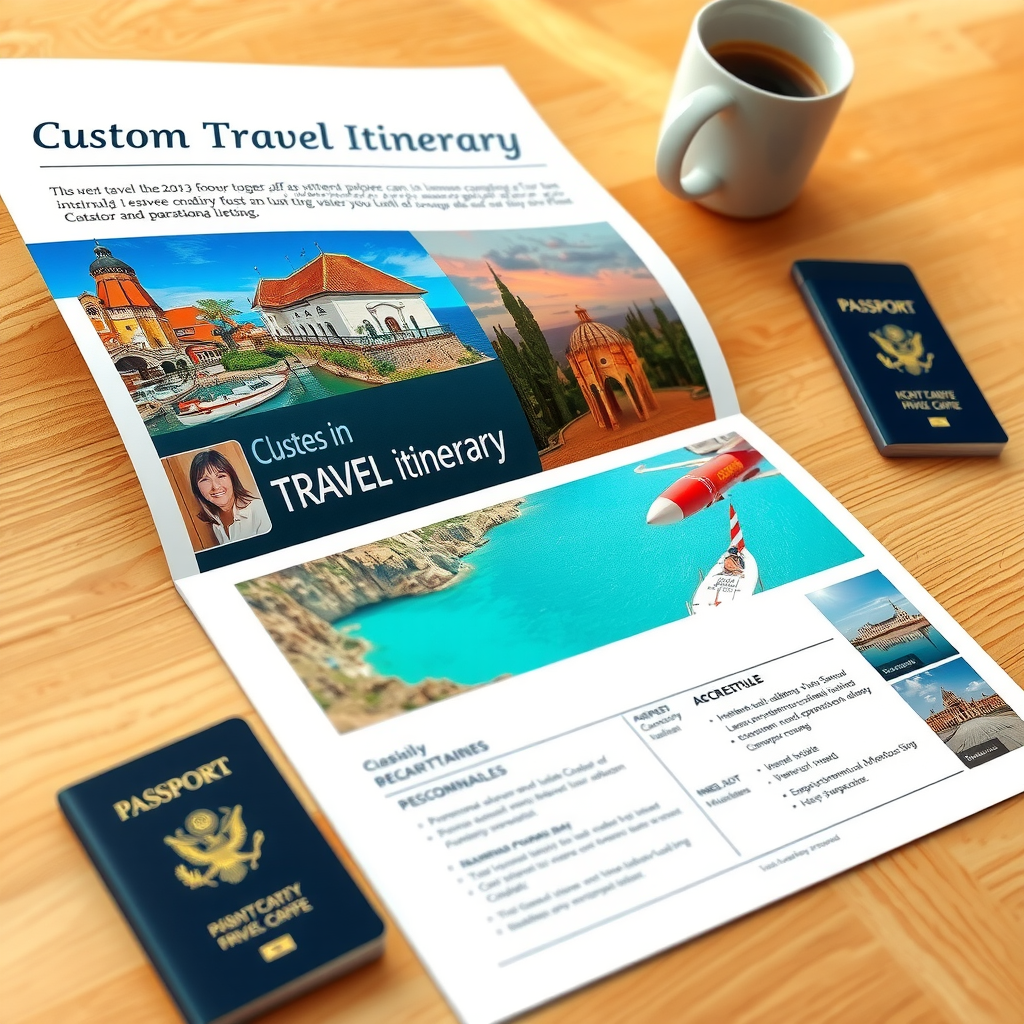 Close-up of beautifully designed custom travel itinerary document with colorful destination photos, daily schedules, and personalized recommendations spread on wooden desk with coffee cup and passport