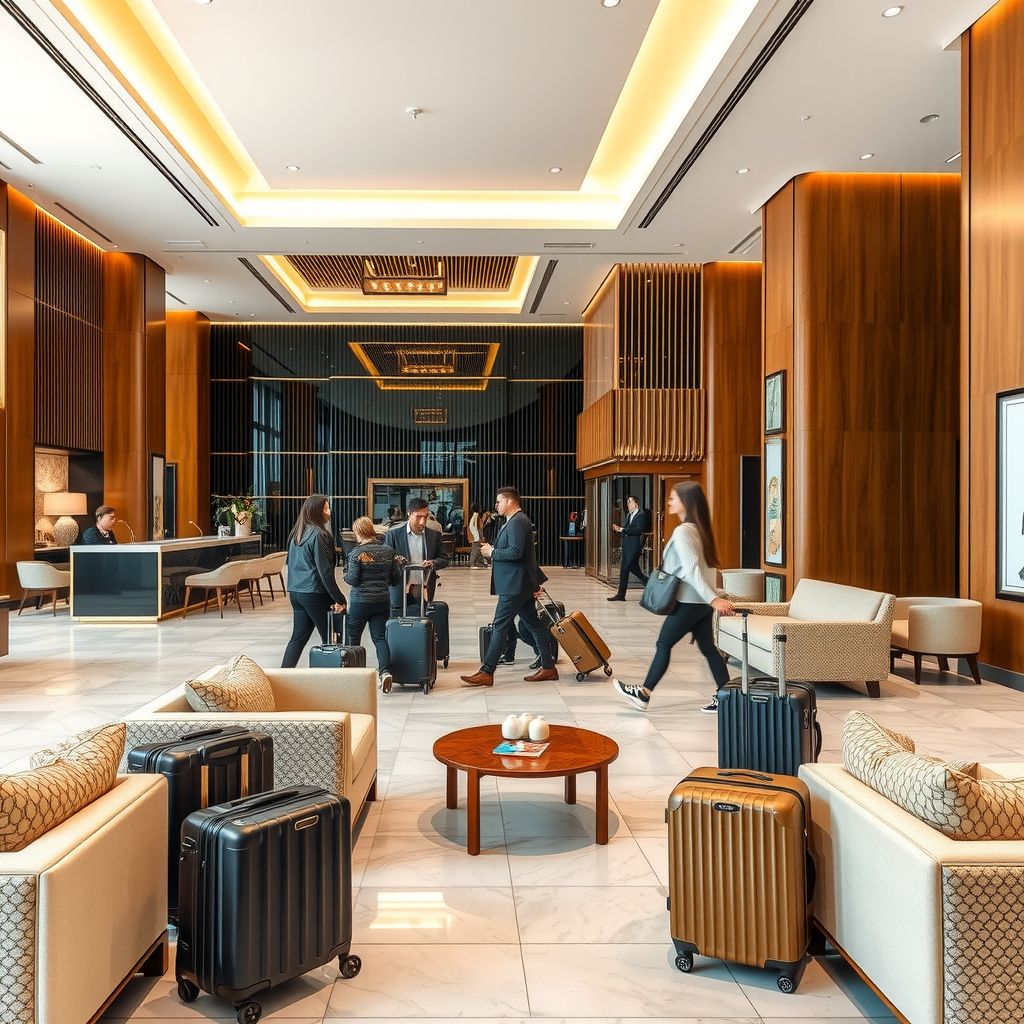 Luxurious hotel lobby with modern design featuring comfortable seating areas, reception desk, and groups of travelers checking in with their luggage, showcasing premium group accommodation services
