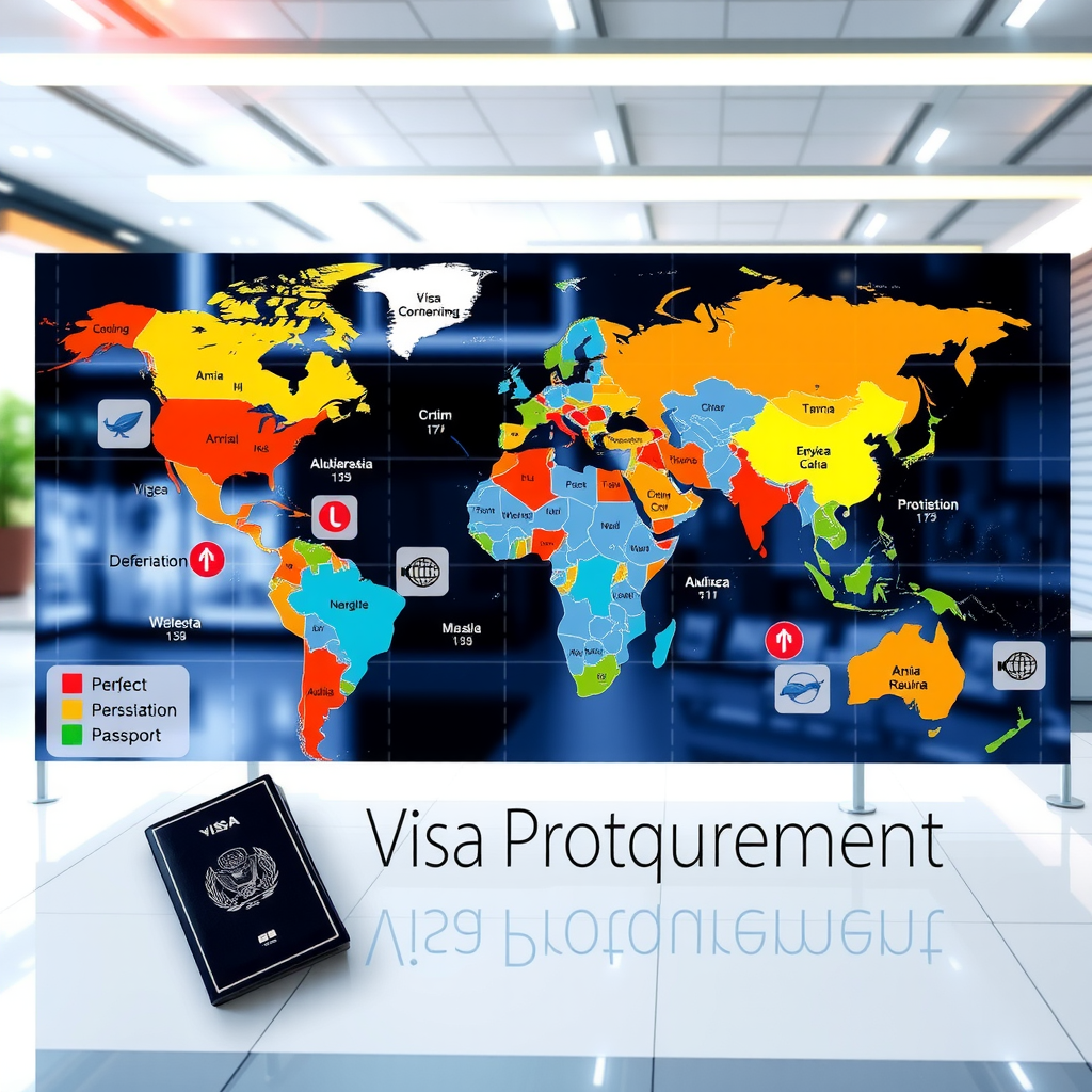 Detailed world map showing different visa requirement zones with color-coded regions, passport stamps, and international travel documentation symbols overlaid on modern digital interface