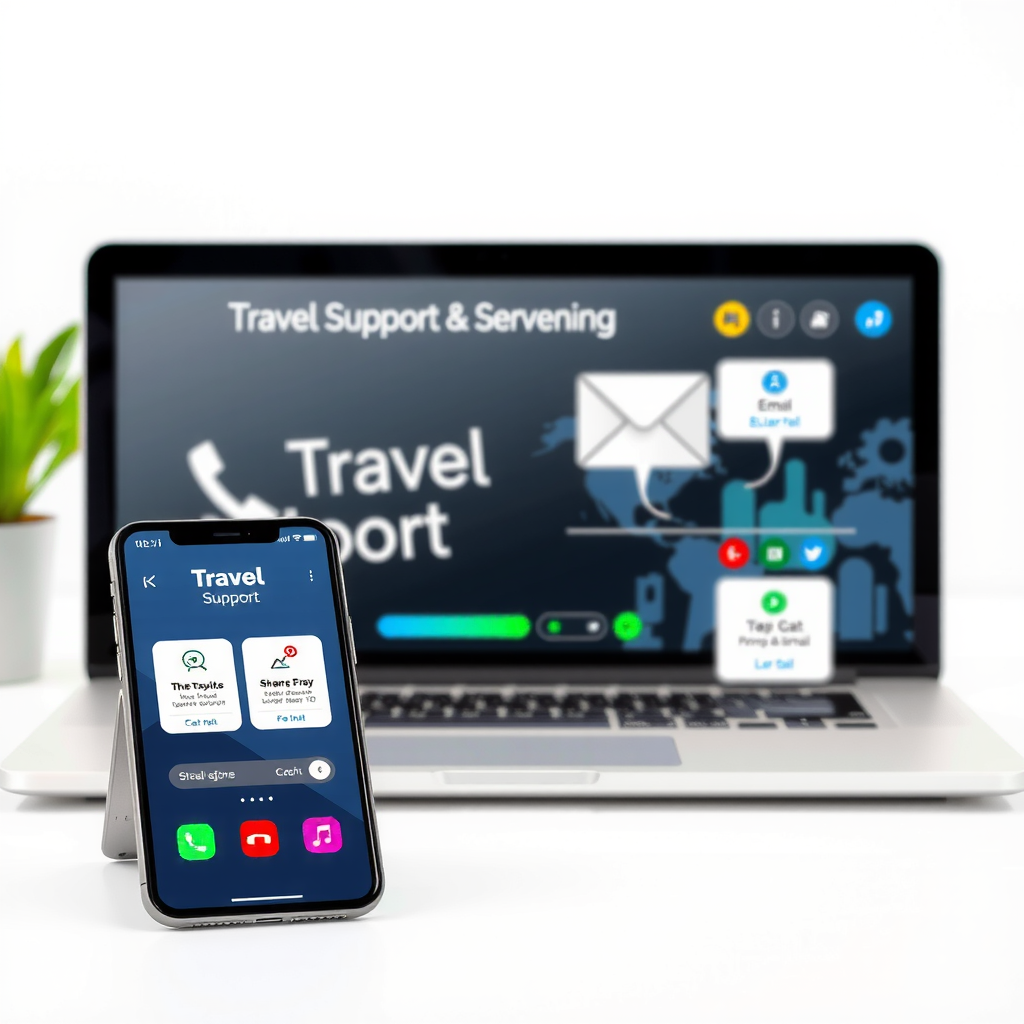 Modern smartphone and laptop displaying multiple communication channels including phone, chat, email and mobile app interfaces for travel support services