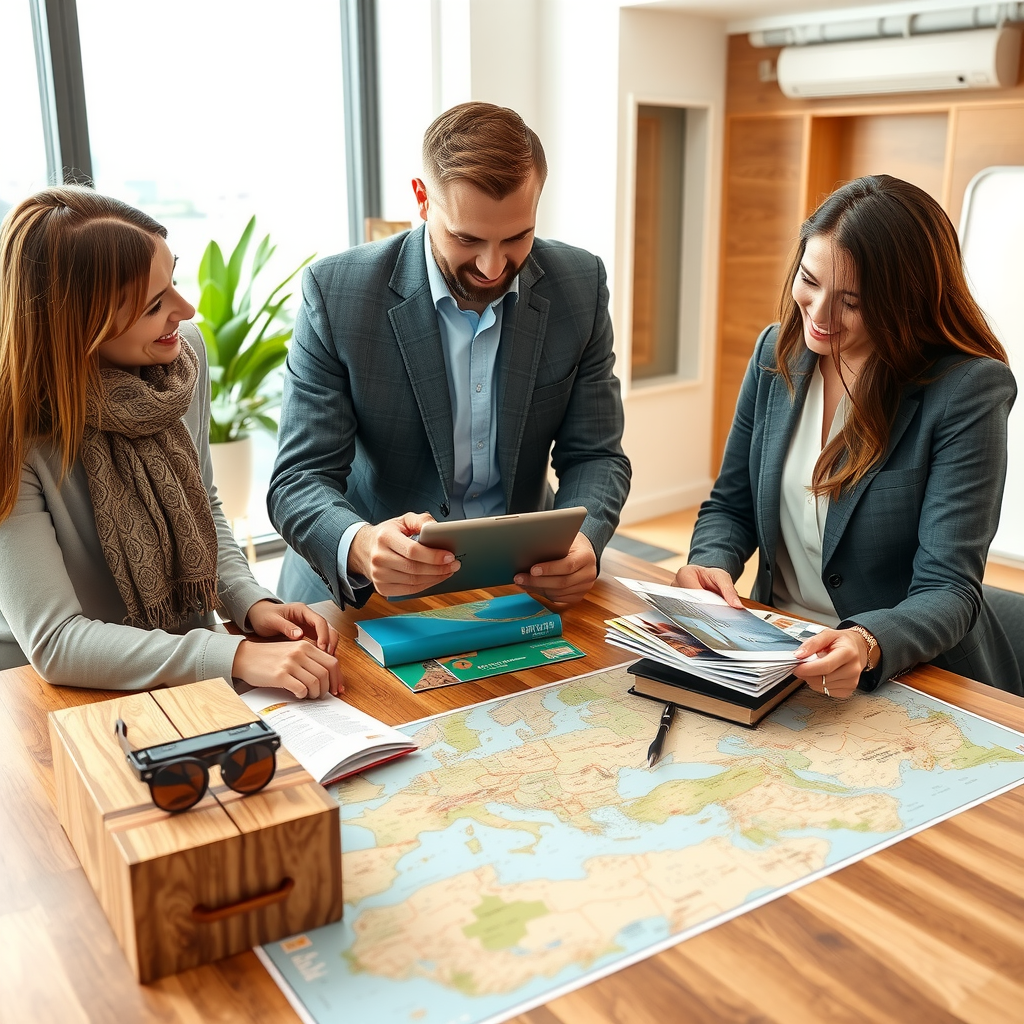 Professional travel consultant meeting with clients, reviewing sustainable travel options on a tablet, eco-friendly travel brochures and maps spread on a modern wooden table
