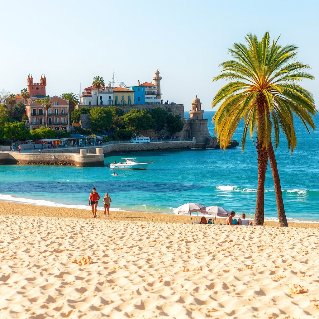 Barcelona beach in September with golden sand, turquoise Mediterranean water, fewer tourists, and clear blue skies with palm trees