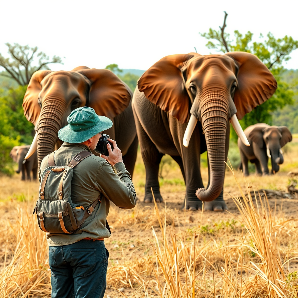 Wildlife photographer observing elephants from safe distance in natural habitat, demonstrating ethical wildlife tourism practices with animals roaming freely in protected conservation area