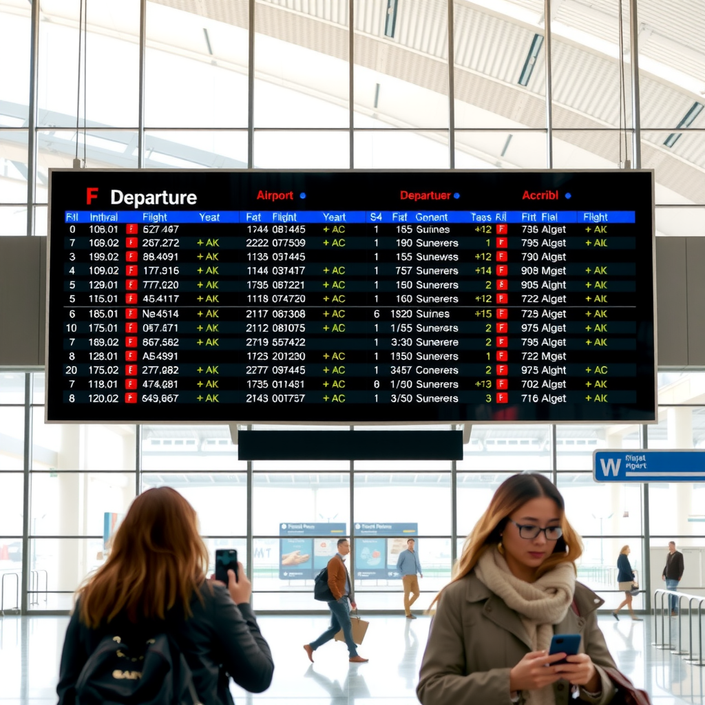Modern airport departure board showing flight information with travelers checking smartphones in foreground, bright terminal with large windows, contemporary airport architecture