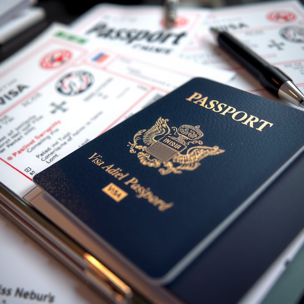 Close-up of passport with visa stamps, official documents, and a pen on a desk, professional setting with organized paperwork and travel documents