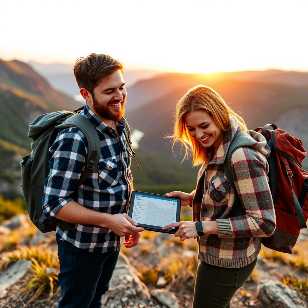 Joyful couple with backpacks standing on scenic mountain overlook at sunset, looking at detailed travel itinerary on tablet, with breathtaking valley landscape in background