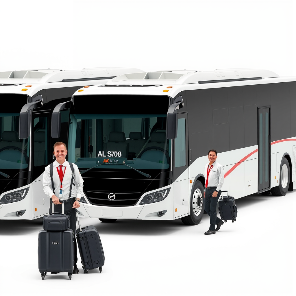 Modern charter bus and airport shuttle vehicles lined up with professional drivers standing beside them, ready to transport groups of travelers with luggage to their destinations