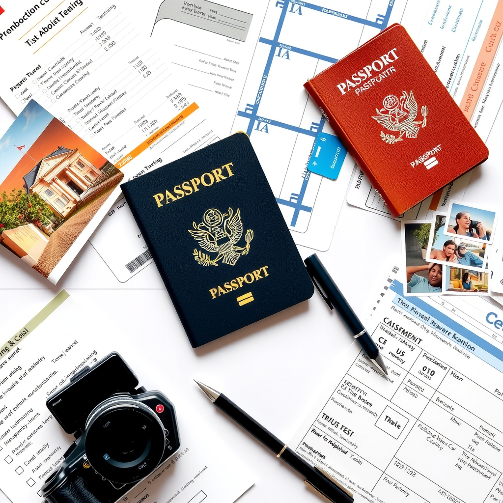 Organized travel documents spread on desk including passport, visa application forms, flight tickets, travel insurance papers, bank statements, and photographs with checklist and pen
