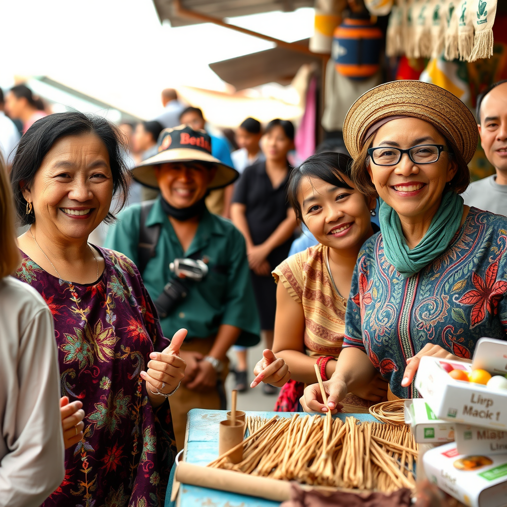 Local community members smiling and welcoming tourists, traditional crafts and sustainable tourism activities visible, vibrant local market scene with eco-friendly practices