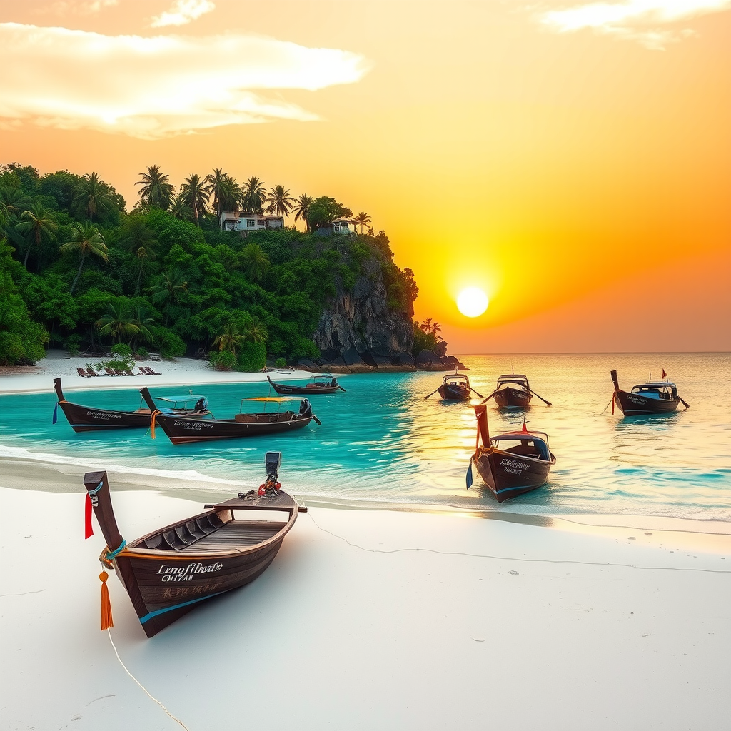 Serene sunrise over a pristine white sand beach in Koh Lipe, Thailand, with traditional longtail boats anchored in shallow turquoise waters and palm trees silhouetted against the golden sky