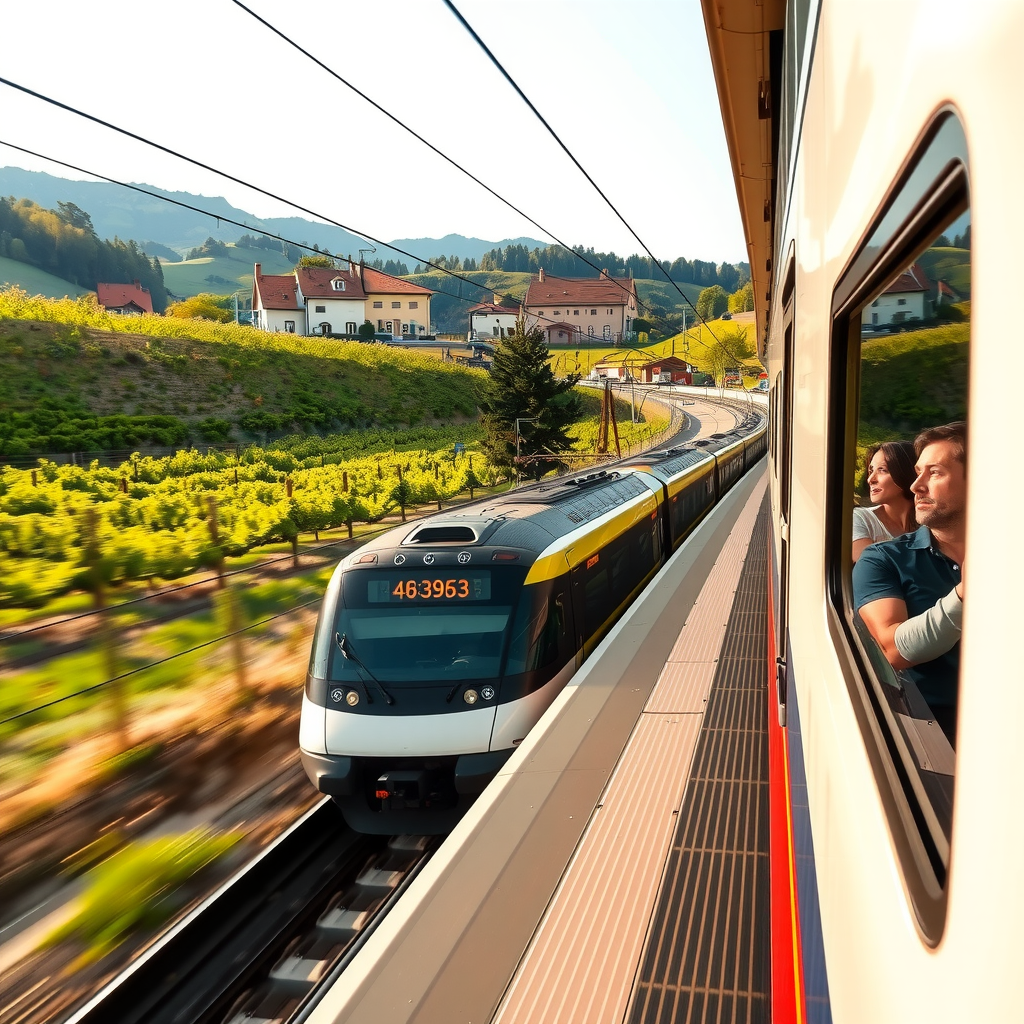 Modern European high-speed train traveling through scenic countryside with rolling hills, vineyards, and small villages, passengers visible through windows enjoying the view
