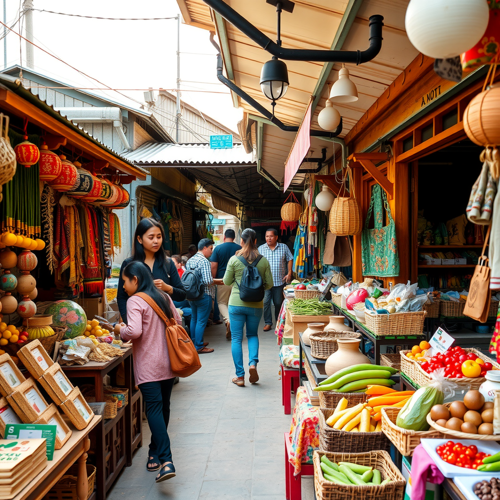 Vibrant local market with community vendors selling handmade crafts, fresh produce, and traditional goods, showing tourists engaging with local artisans and supporting small businesses in authentic cultural setting