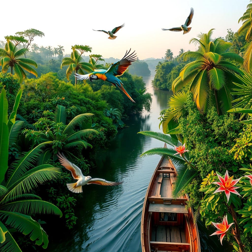 Lush Amazon rainforest canopy view with dense green vegetation, winding river cutting through jungle, colorful macaws flying overhead, morning mist rising from trees, traditional wooden boat on river, vibrant tropical flowers and wildlife in natural habitat