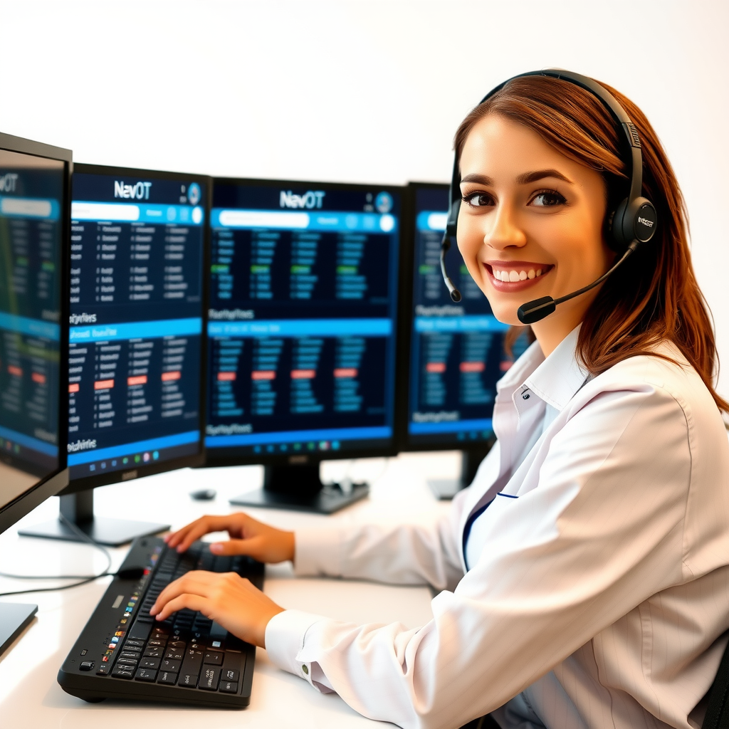 Friendly customer service representative wearing headset at modern desk with multiple computer screens showing travel booking systems, available day and night