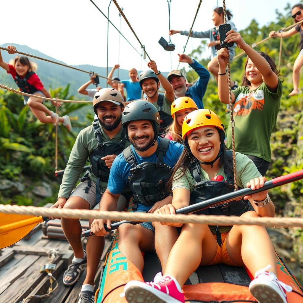 Diverse group of travelers participating in an exciting outdoor adventure activity like zip-lining or kayaking, with professional guides ensuring safety and everyone having fun together