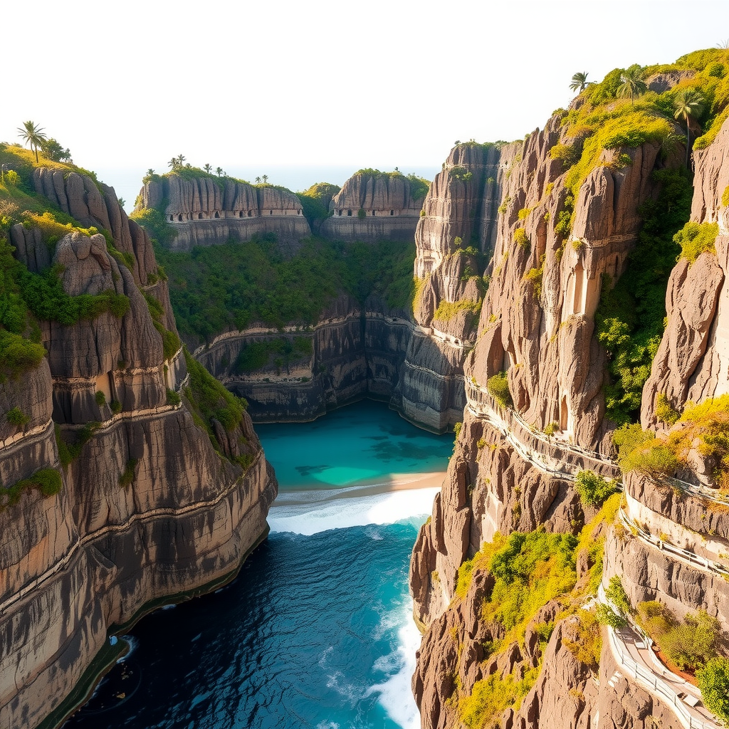 Dramatic coastal cliffs of Nusa Penida, Indonesia, with a hidden beach nestled between towering limestone formations, turquoise ocean waves, and lush tropical vegetation on the clifftops