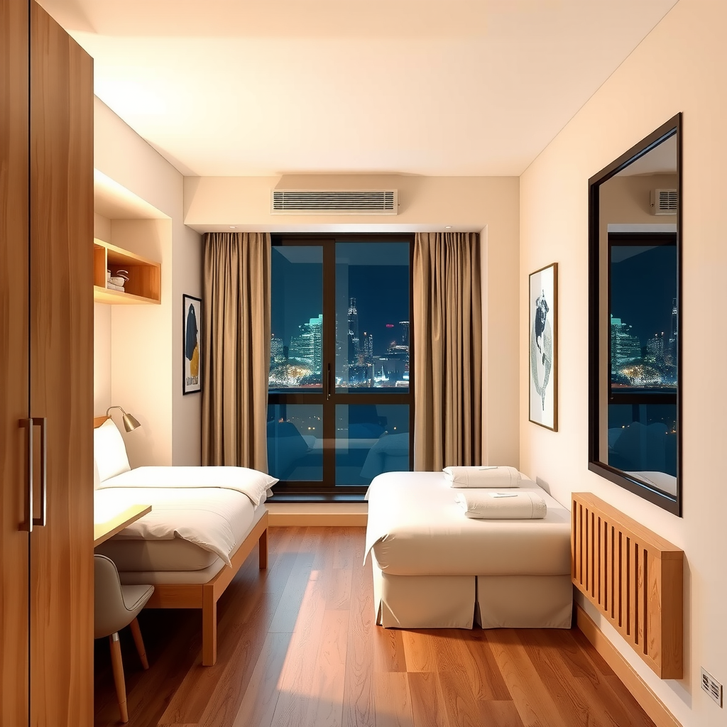 Clean, modern hostel private room with comfortable bed, wooden floors, minimalist decor, reading light, and window with city view