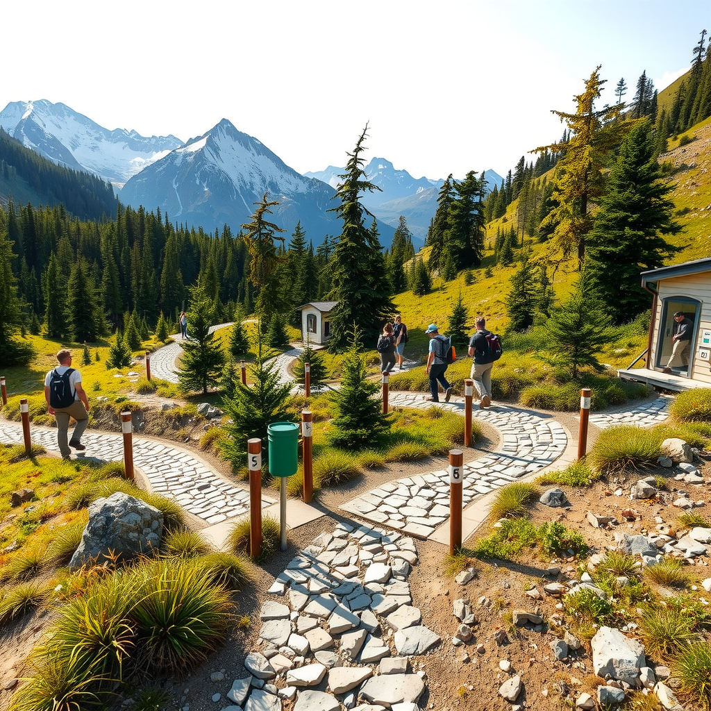 Sustainable mountain hiking trail with clearly marked paths, waste disposal stations, and hikers following leave-no-trace principles in pristine alpine environment with snow-capped peaks in background