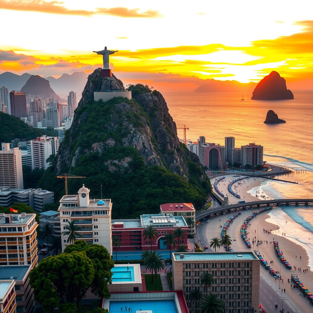 Iconic Rio de Janeiro cityscape showing Christ the Redeemer statue atop Corcovado mountain overlooking Copacabana and Ipanema beaches, Sugarloaf Mountain in distance, vibrant sunset colors reflecting on ocean, bustling beachfront with palm trees and colorful beach umbrellas