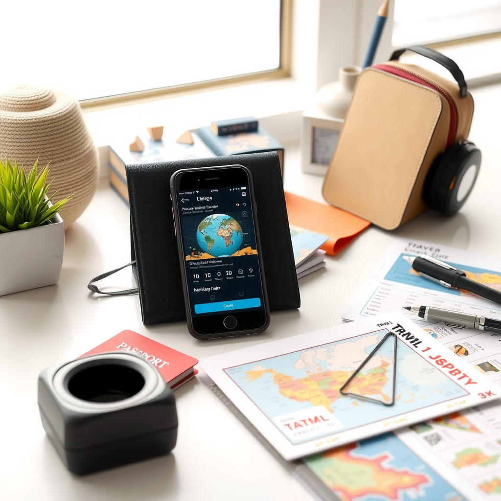 Organized travel planning workspace with smartphone displaying itinerary app, passport, tickets, and travel documents arranged neatly, bright natural lighting, modern minimalist desk setup