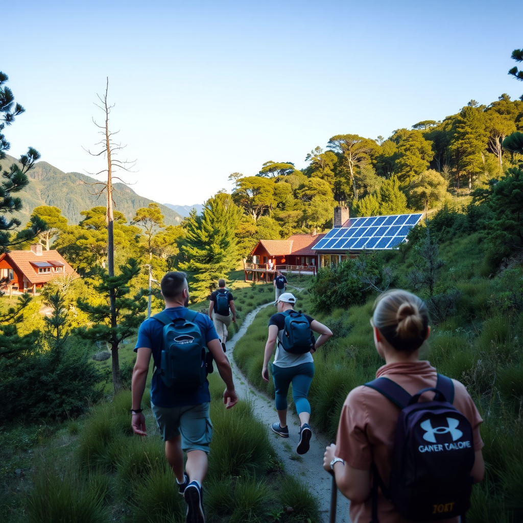 Beautiful natural landscape with eco-friendly travelers hiking through pristine forest, solar-powered lodge in background, lush green environment with clear blue sky