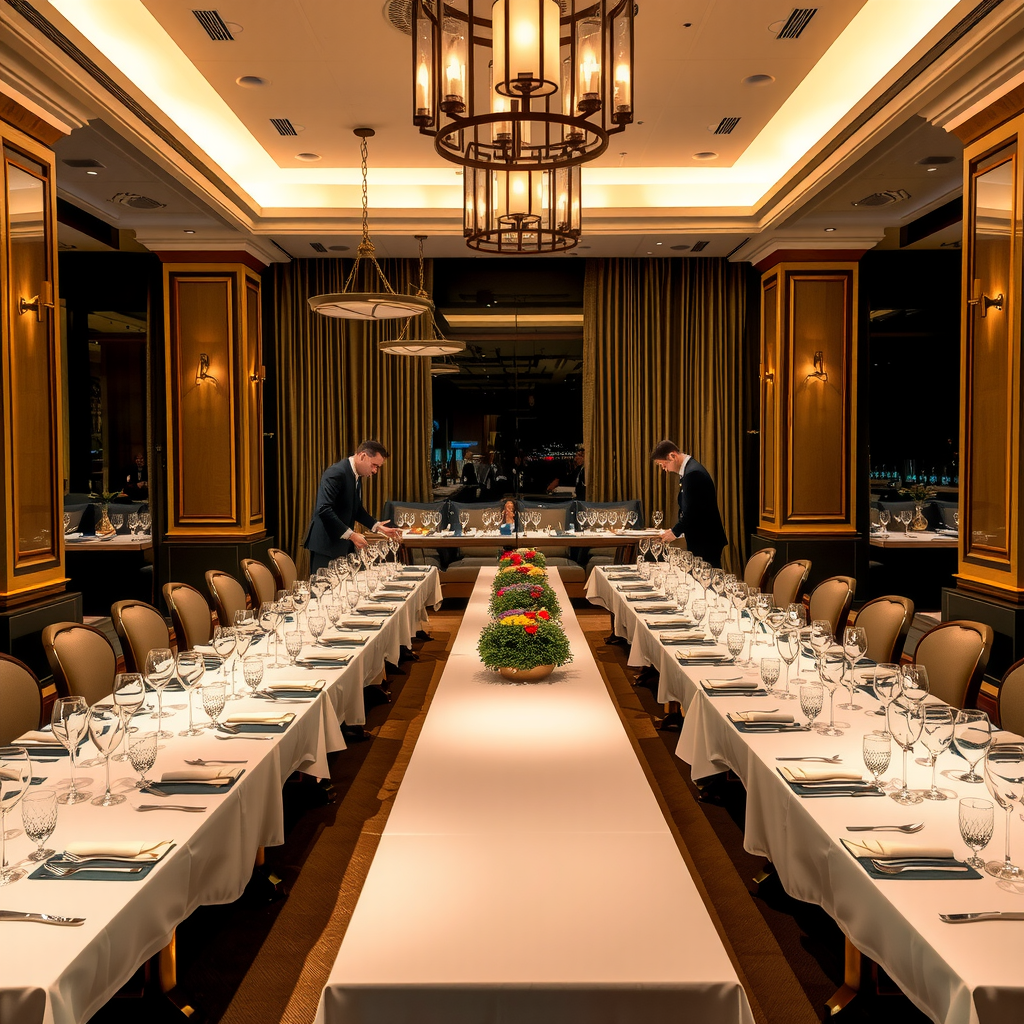 Elegant restaurant setting with a long table beautifully set for a large group dinner, featuring fine dining arrangements, ambient lighting, and waitstaff preparing to serve guests