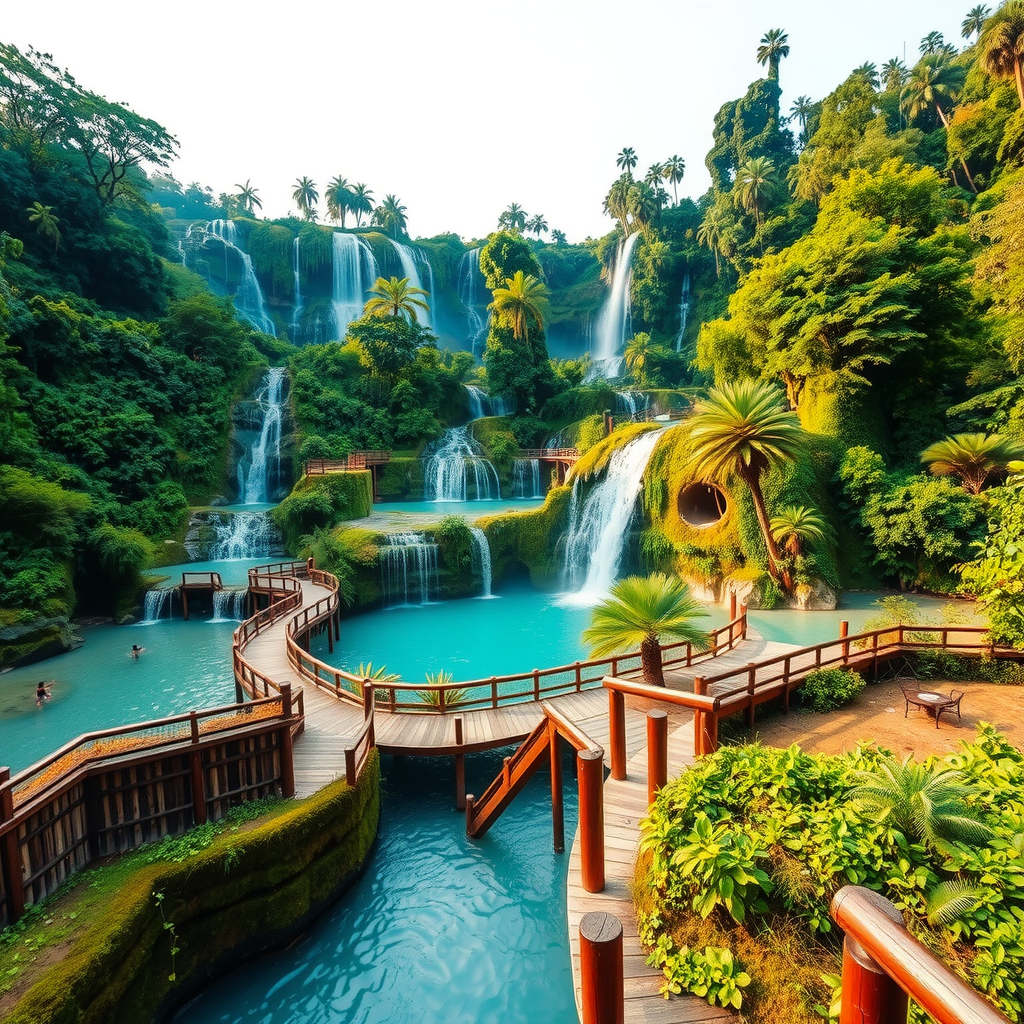 Multi-tiered turquoise waterfalls cascading through lush jungle in Laos, with natural swimming pools, wooden walkways, and tropical vegetation creating a paradise-like setting