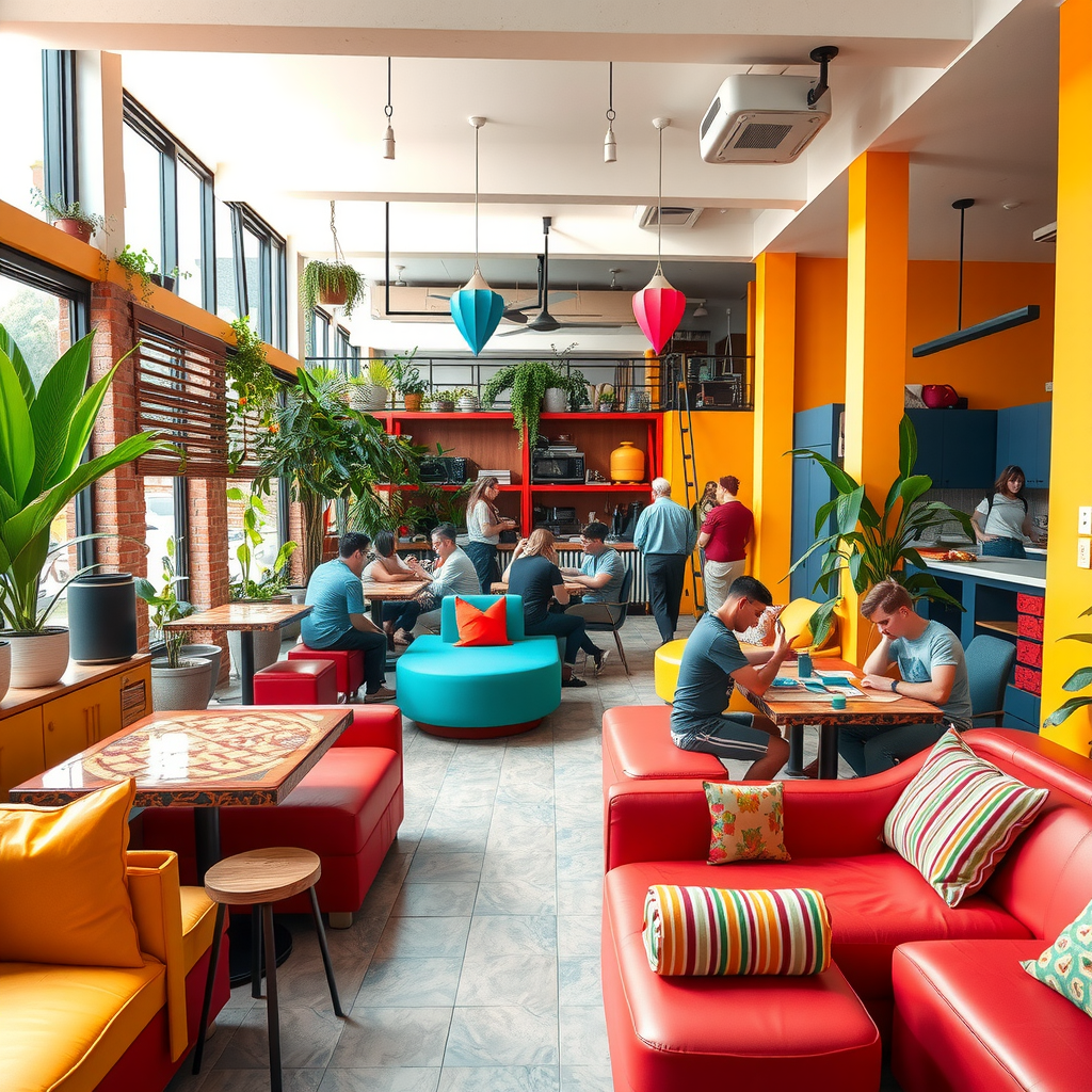Vibrant hostel common area with colorful furniture, travelers socializing, board games on tables, large windows, plants, and communal kitchen visible