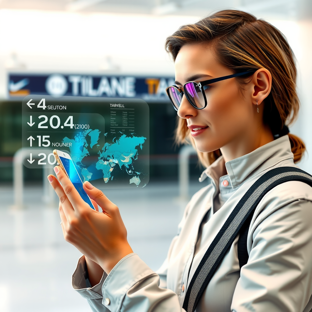 Futuristic concept of traveler using advanced smartphone with holographic travel information display, modern airport or city setting, sleek technology interface, innovative travel experience