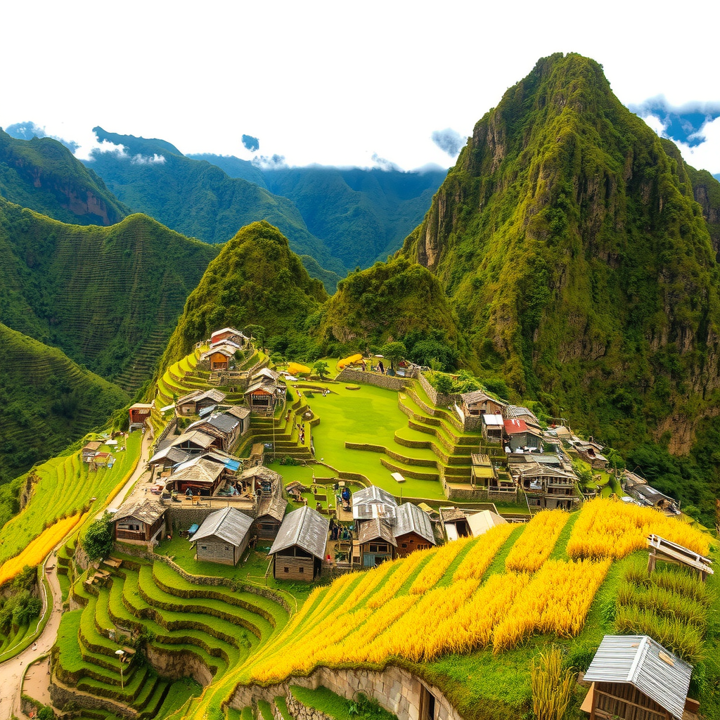 Ancient rice terraces carved into mountain slopes in Banaue, Philippines, with traditional Ifugao villages, green terraced fields, and misty mountain peaks creating a UNESCO World Heritage landscape