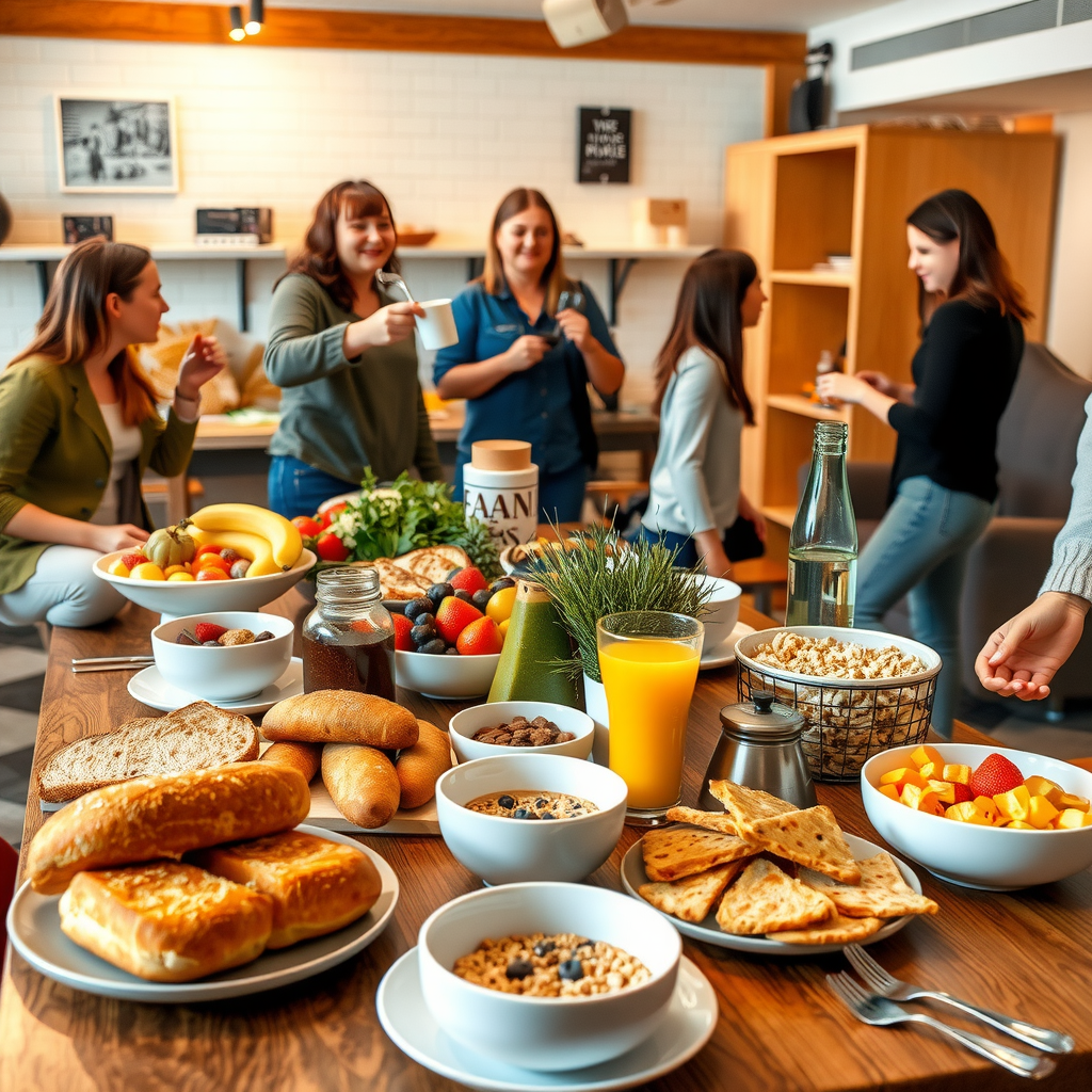 Continental breakfast buffet spread in hostel with fresh bread, pastries, fruits, cereals, coffee, and juice on wooden table with travelers helping themselves