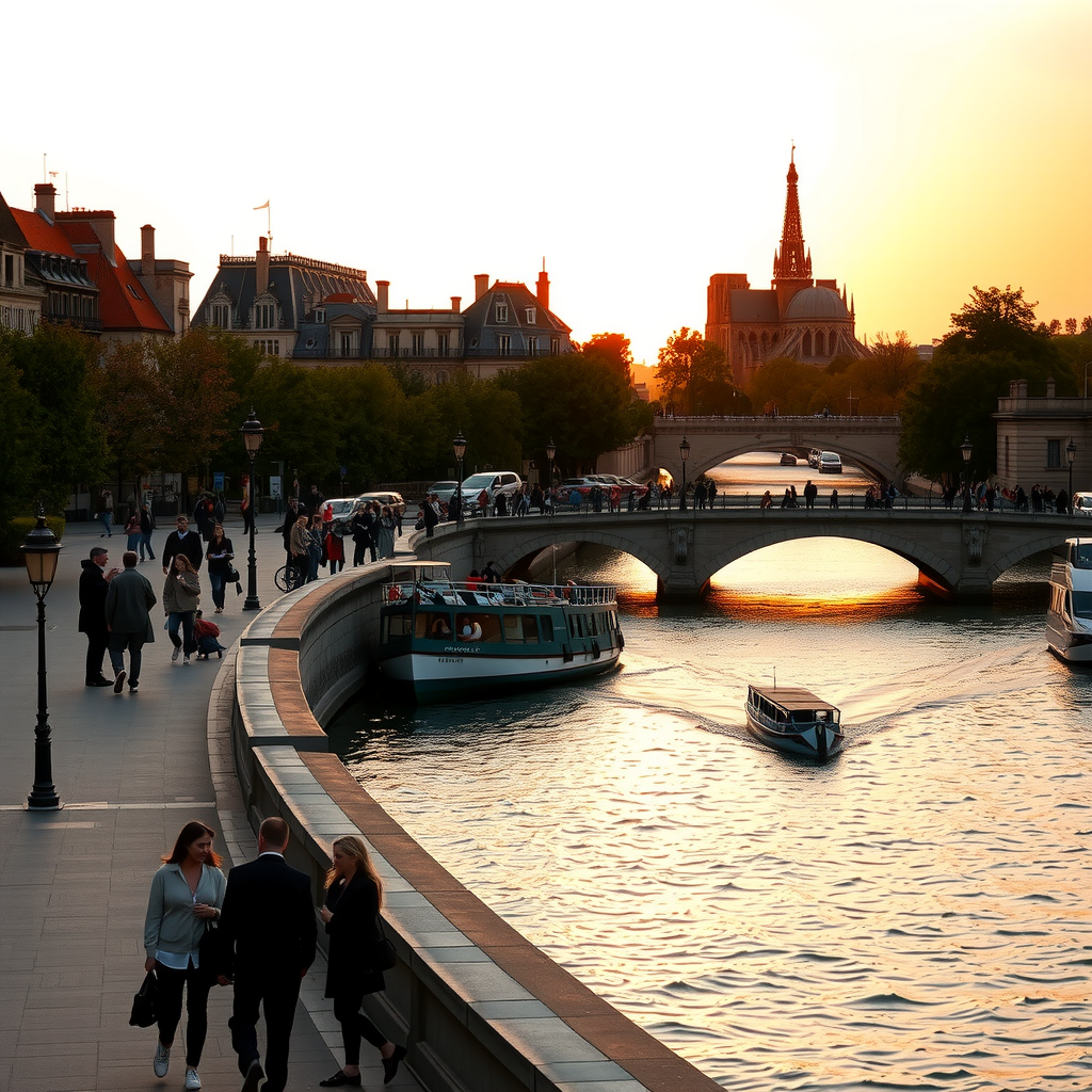 Romantic sunset view along the Seine River in Paris with couples walking, street artists performing, historic bridges, and golden light reflecting on water with Notre-Dame in distance
